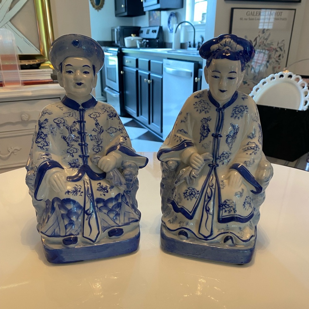 Chinese Emporer and Empress Blue and White Porcelain Figurines